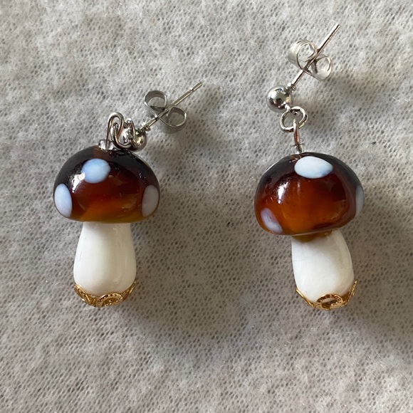 Handmade Glass Mushroom Earrings - Picture 1 of 3
